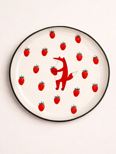 Тарелка ручной работы Ким керамика с бортиком Лис с клубникой, белая, 21 см
