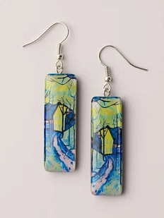 Серьги с картиной «Зимний пейзаж. Кандинский», дерево с эпоксидной смолой