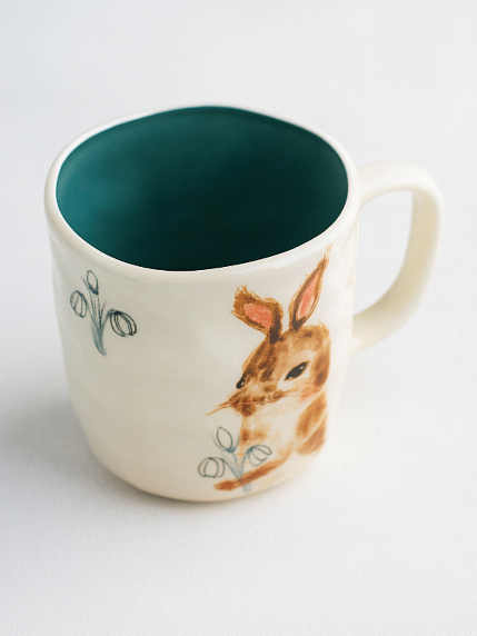 Кружка ручной работы с росписью Зайка с подснежниками, фарфор, 350 мл, фото 2.