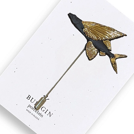 Брошь ручной работы Фарфор Булыгина «Летучая рыба», чёрно-золотистая, фото 3.