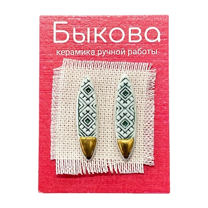 Серьги ручной работы Быкова керамика «‎Зеленый орнамент»‎, фарфор, фото 1.