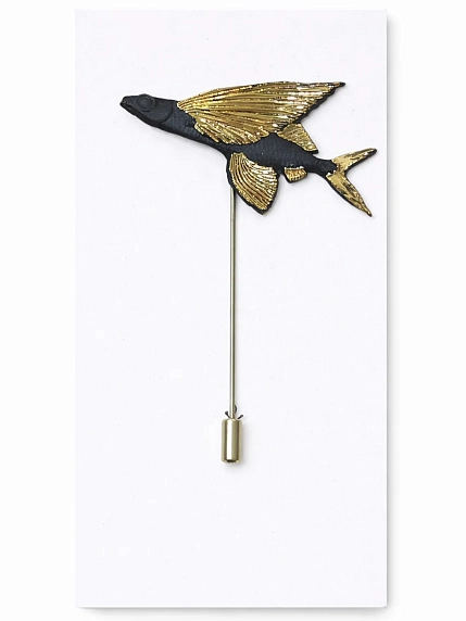 Брошь ручной работы Фарфор Булыгина «Летучая рыба», чёрно-золотистая, фото 1.