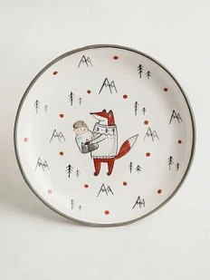 Тарелка ручной работы Ким керамика с бортиком Лис в свитере в горах, белая, 21 см