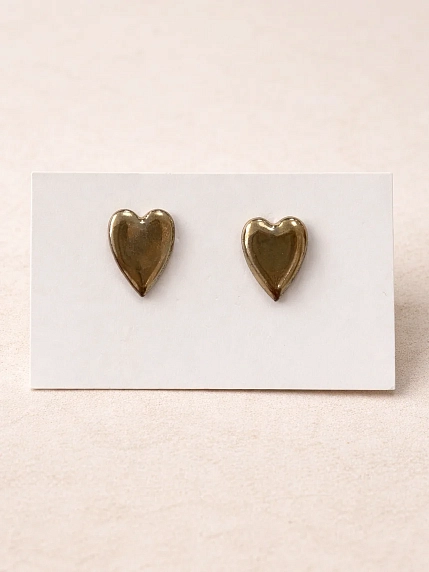 Серёжки-гвоздики КерамЕлКа маленькие «Сердечки», золотистые, фарфор, фото 1.