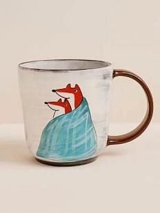 Кружка ручной работы Ким керамика с росписью Пара лисичек в одеяле, 350 мл, белая