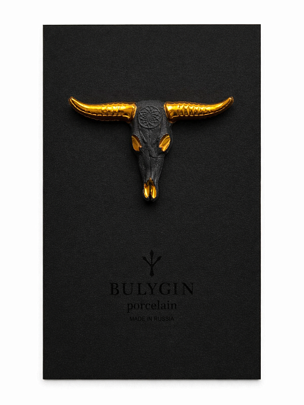 Брошь ручной работы Bulygin «Бык», фарфор, чёрно-золотистая, фото 1.