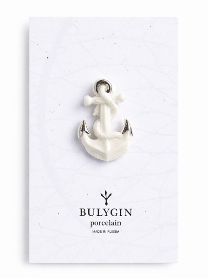 Брошь ручной работы Bulygin «Якорь», бело-серебристая, фарфор, фото 1.