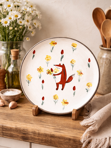 Тарелка ручной работы с бортиком Лис с цветами, белая, 14 см, фото 2.