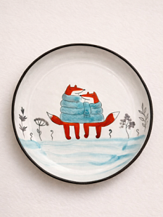 Тарелка ручной работы Ким керамика с бортиком Лисы в шарфе, белая, 17 см