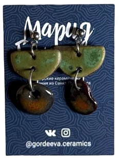 Серьги Мария Гордеева ассиметричные составные, керамика, коричневые с хаки