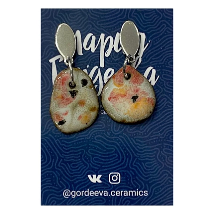 Серьги Мария Гордеева асимметричные составные, керамика, оранжево-зелёные, фото 1.