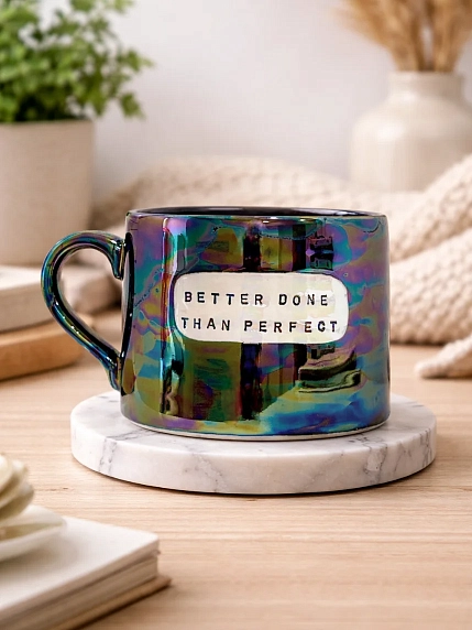 Кружка ручной работы Тата вытворяет/NF ceramics «Better done than perfect», перламутровая, керамика, 500 мл, фото 4.
