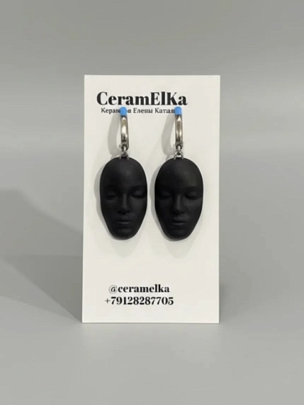 Серьги КерамЕлКа «Лица овальные», фарфор, черные матовые, фото 1.