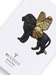 Брошь ручной работы Bulygin «Лев», фарфор, чёрно-золотистая