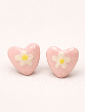 Серёжки-гвоздики Радость Рядом «Сердечки с цветочками», полимерная глина, розовые