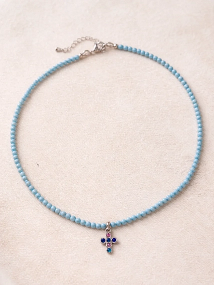 Чокер Мигетт с подвеской «Крестик», голубой циркон, фото 2.