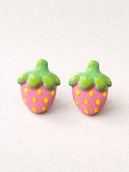 Серёжки-гвоздики Радость Рядом «Клубнички», полимерная глина, розовые, фото 1.