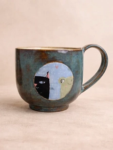 Кружка ручной работы Коврижка «Лягушка и кот», керамика, лазурная