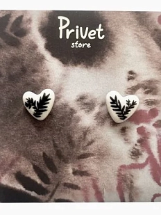 Серьги-гвоздики ручной работы Звер «Сердечко с чёрной веточкой», белый, керамика