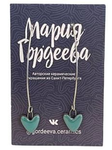 Серьги на длинной петле Сердечки, керамика, бирюзовые