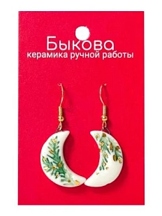 Серьги ручной работы Быкова керамика «Еловые ветви»‎, полумесяцы, фарфор