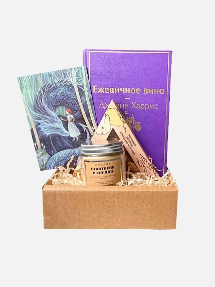 Подарочный набор с ароматической свечой, книгой «Ежевичное вино» и шоколадом, фото 1.