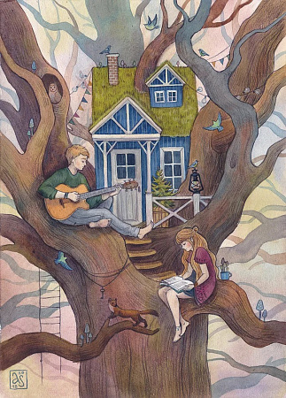 Открытка «Домик на дереве», художник Спешилова Анна