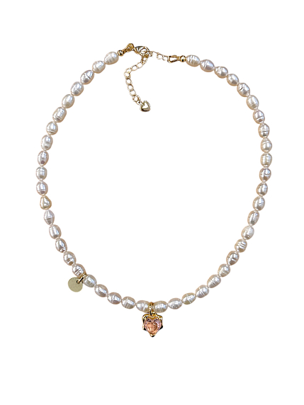 Чокер ручной работы «Ice» с розовым сердцем, речной жемчуг, родированная латунь, фото 1.