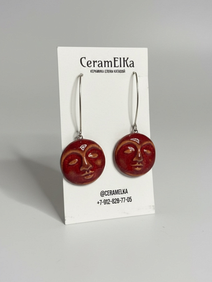Серьги на петле КерамЕлКа «Лица», керамика, бордовые, фото 1.