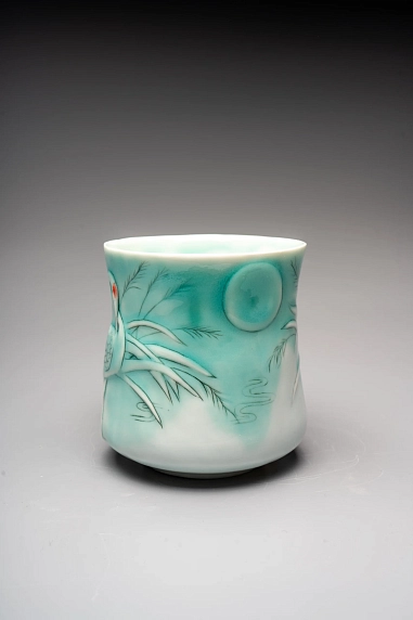 Кружка ручной работы Керамика Александры Пылиной «Журавли», бирюзовая, фарфор, 300 мл, фото 2.