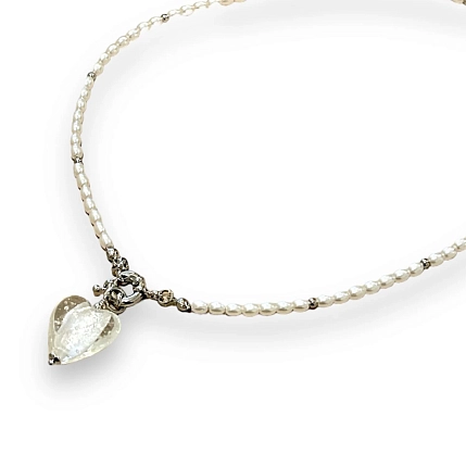 Колье ручной работы «Glass heart», прозрачное, латунь, жемчуг, стекло, фото 1.