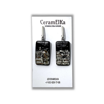 Серьги КерамЕлКа «Город», прямоугольные, фарфор, чёрно-серые, фото 1.