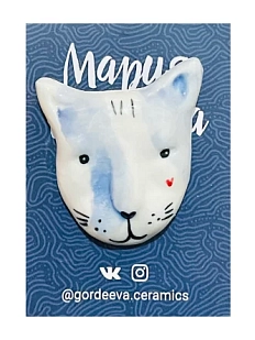 Брошь ручной работы Мария Гордеева «Кот», с синим разводом, керамика