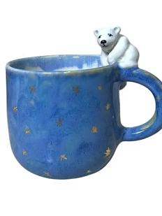 Кружка ручной работы Мама Черепаха расписная с фигуркой Белый медведь, голубая, керамика, 400 мл