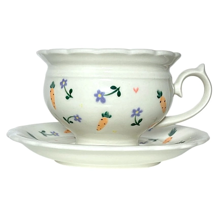 Чайная пара ручной работы Slowday Ceramics в морковку и сиреневые цветочки «Винтаж», полуфарфор, 250 мл, фото 2.