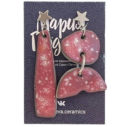 Серьги Мария Гордеева асимметричные составные, керамика, тёмно-розовые, фото 1.