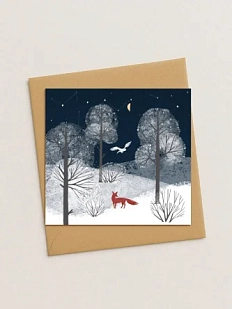 Квадратная зимняя сканди открытка «Лиса в ночном лесу»
