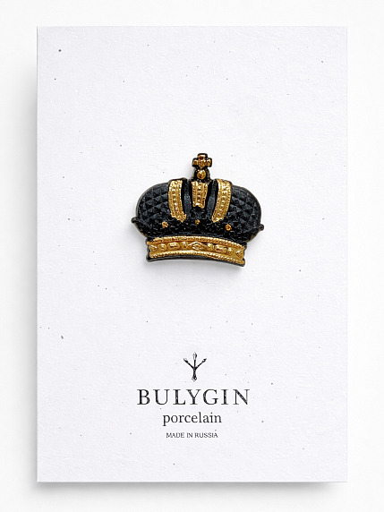 Брошь ручной работы Bulygin «Корона», фарфор, чёрно-золотистая, фото 1.