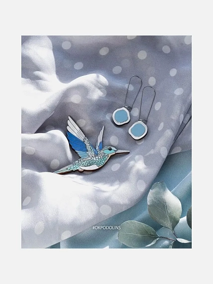 Набор украшений ручной работы ОКподолинс брошь «Колибри» и серьги «Озёра», синий, дерево, фото 3.