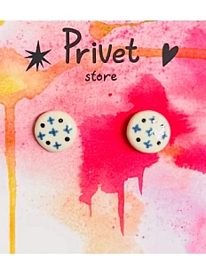 Серёжки-гвоздики ручной работы Звер «Белые круглые с крестиками», керамика