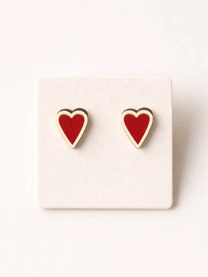 Серёжки-гвоздики ОКподолинс Сердечки, дерево, красно-золотистые, фото 1.