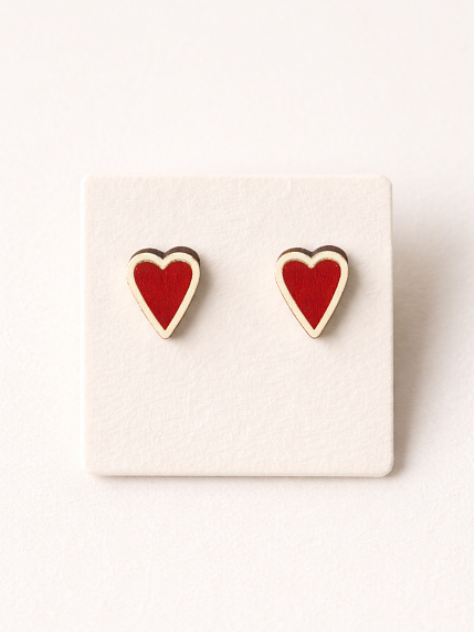 Серёжки-гвоздики Сердечки, дерево, красно-золотистые, фото 1.