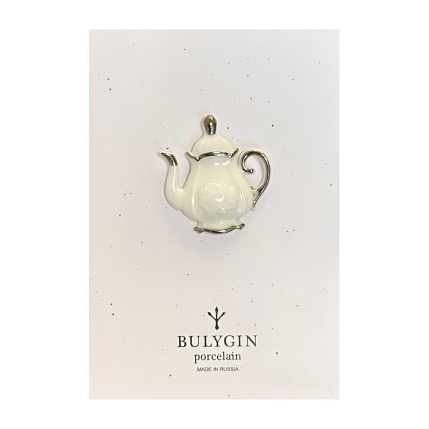 Брошь ручной работы Bulygin «Кофейник», бело-серебристая, фарфор, фото 2.