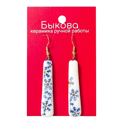 Серьги ручной работы Быкова керамика «Синие снежинки»‎, длинные, фарфор, фото 1.