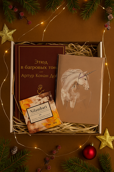 Подарочный набор на Новый год с книгой «Этюд в багровых тонах», блокнотом и шоколадом, фото 1.