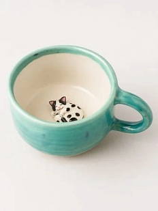 Кружка ручной работы Мама Черепаха с фигуркой внутри Котик, голубая, керамика, 400мл