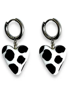 Серьги-конго Радость Рядом Сердечки с принтом, полимерная глина, чёрно-белые