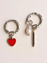 Серьги-конго с красный сердечком и жемчугом, родированная латунь, превью фото 1