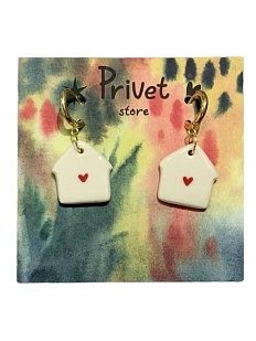 Серьги-конго Звер ручной работы «Домик с сердцем», молочный, керамика