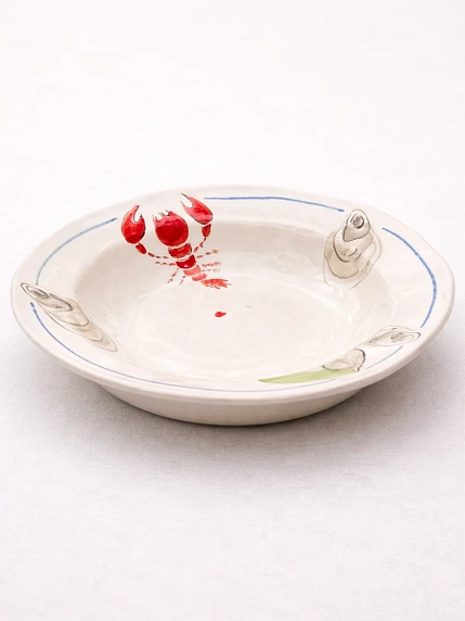 Тарелка-шляпа ручной работы НАДО ЖЕ с росписью «Лобстер, устрицы и лимон», белая, керамика, 24 см, фото 1.